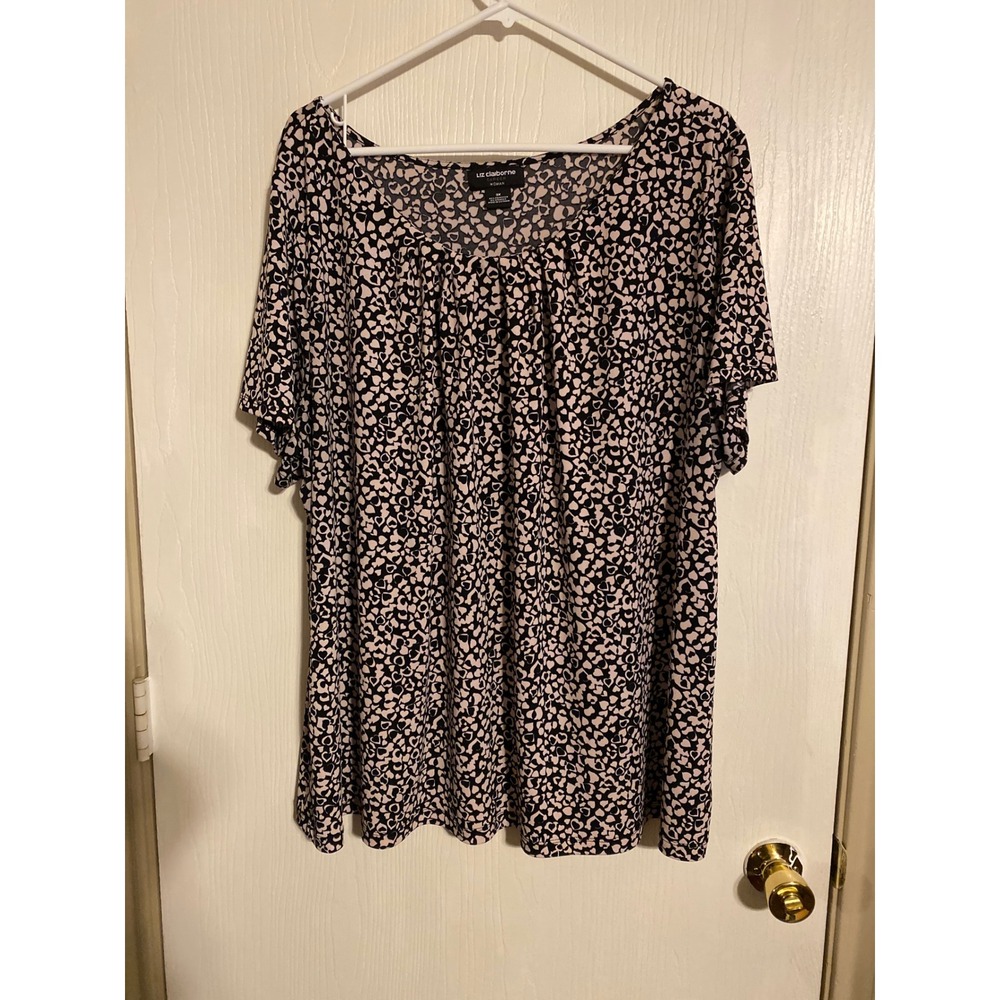 Liz Claiborne Career Woman Black Cream Heart Print Scoop Neck Blouse 3X 0454